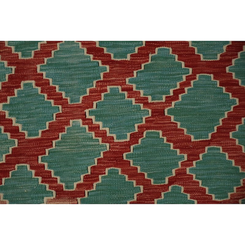 Hand Woven Oriental 100% Wool Carpet Southwestern All-Over Green Kilim Runner Rug - 9' 8'' X 2' 7''