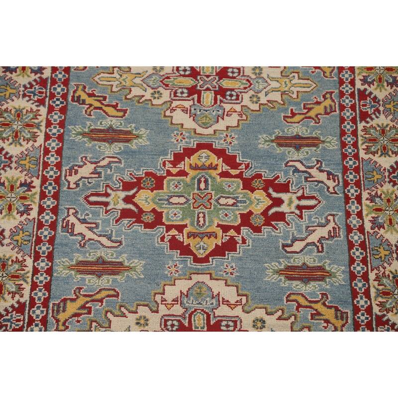 Light Blue Geometric Kazak Area Rug Hand-Knotted Wool Carpet - 4'10" x 6'7"