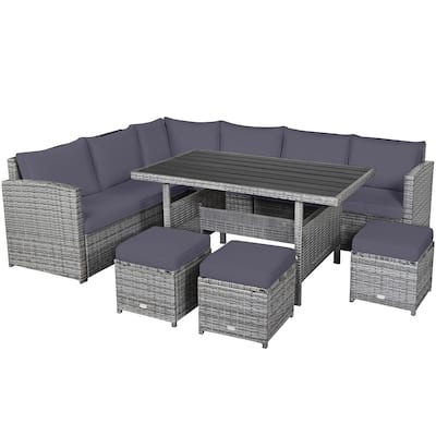 7 Pieces Patio Rattan Dining Furniture Sectional Sofa Set with Wicker Ottoman - Table: 52" x 30" x 26"