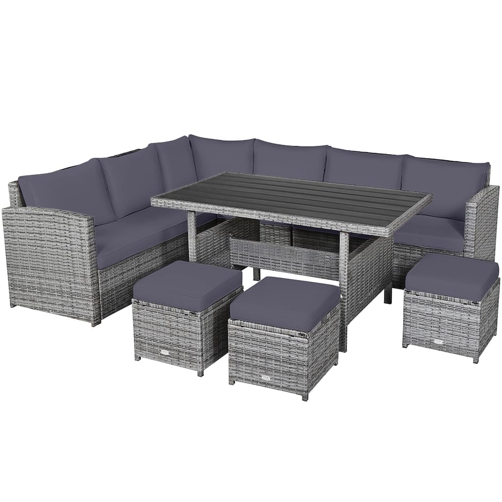 7 Pieces Patio Rattan Dining Furniture Sectional Sofa Set with Wicker Ottoman - Table: 52" x 30" x 26"