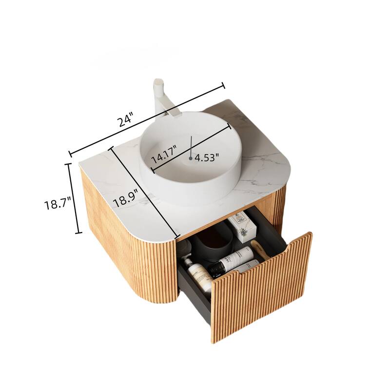 Plywood Wall-Mounted Bathroom Vanity Set with Integrated Ceramic Sink in Natural Wood