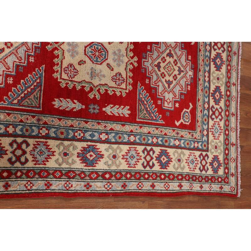 Red Geometric Kazak Accent Rug Hand-Knotted Wool Carpet - 3'4" x 4'11"