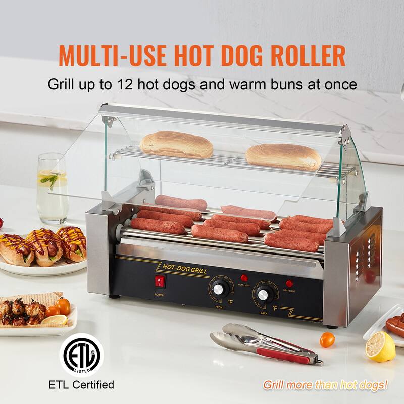 Hot Dog Roller Stainless Sausage Grill Cooker Machine with Dual Temp Control Glass Hood Acrylic Cover Bun Warmer