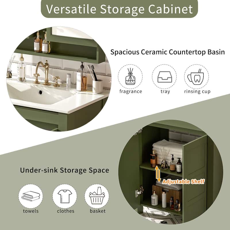 30 " Rustic Bathroom Vanity with Ceramic Sink, Adjustable Shelves