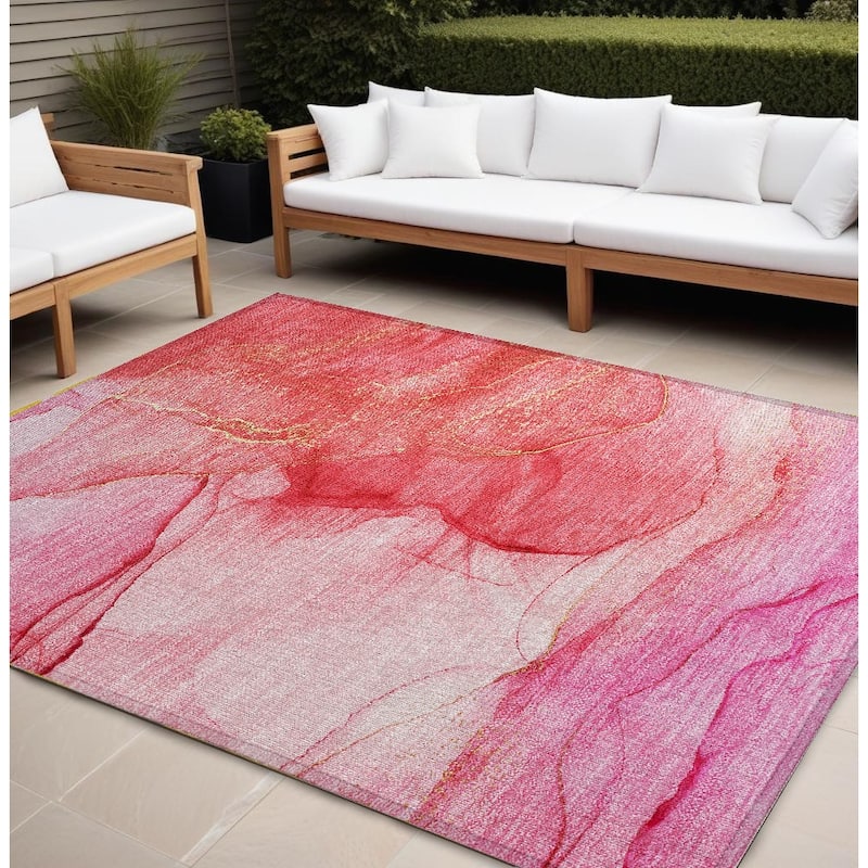 Gaz Unique Abstract Weather Resistant Classic Meets Modern Outdoor Rug - 9' X 12' - Pink
