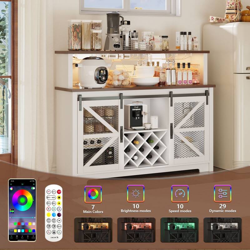 Gymojoy 16-Color LED Bar Cabinet with Wine Rack, White Kitchen Hutch for Coffee Bar & Dining Room, Farmhouse Storage Cabinet