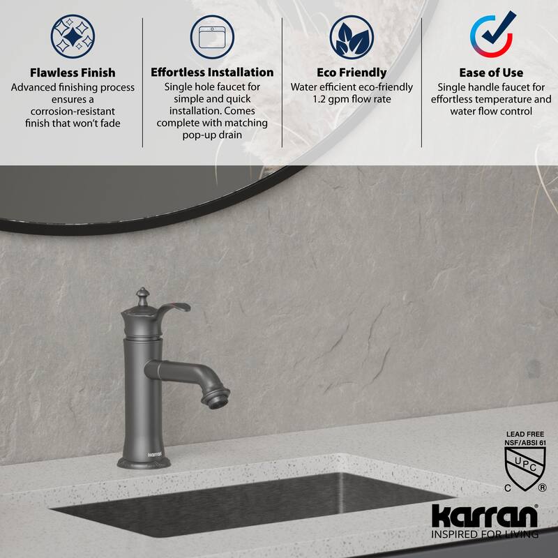 Karran Vineyard KBF470 Single-Handle Single Hole Basin Bathroom Faucet with Matching Pop-up Drain