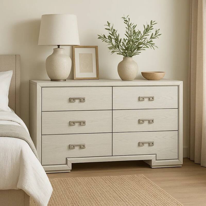 Basil 6 Drawer Wide Dresser, Rustic White Solid Wood, Cedar Lining