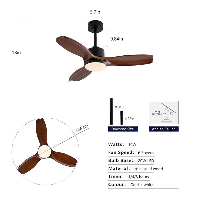 42" Wood Ceiling Fan with Lights Remote Control, Quiet DC Motor 3 Blade