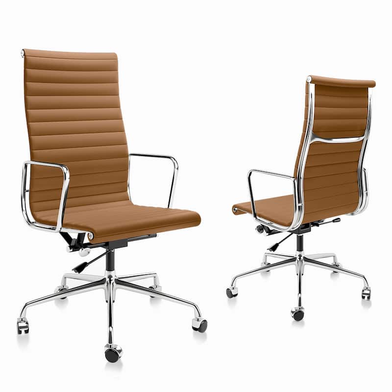 High Back Ergonomic Genuine Leather Ribbed Office Computer Chair