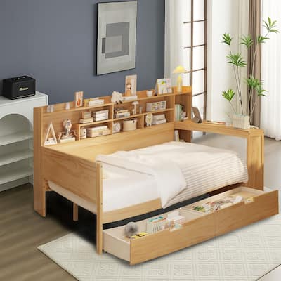 Classic Wooden Storage Daybed with Bookcase, a Side Armrest Table, and Two Under-Bed Drawers