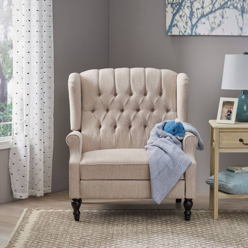 Oversized Wingback Push-Back Recliner with Footrest, Tufted Back, Nailheads - Beige