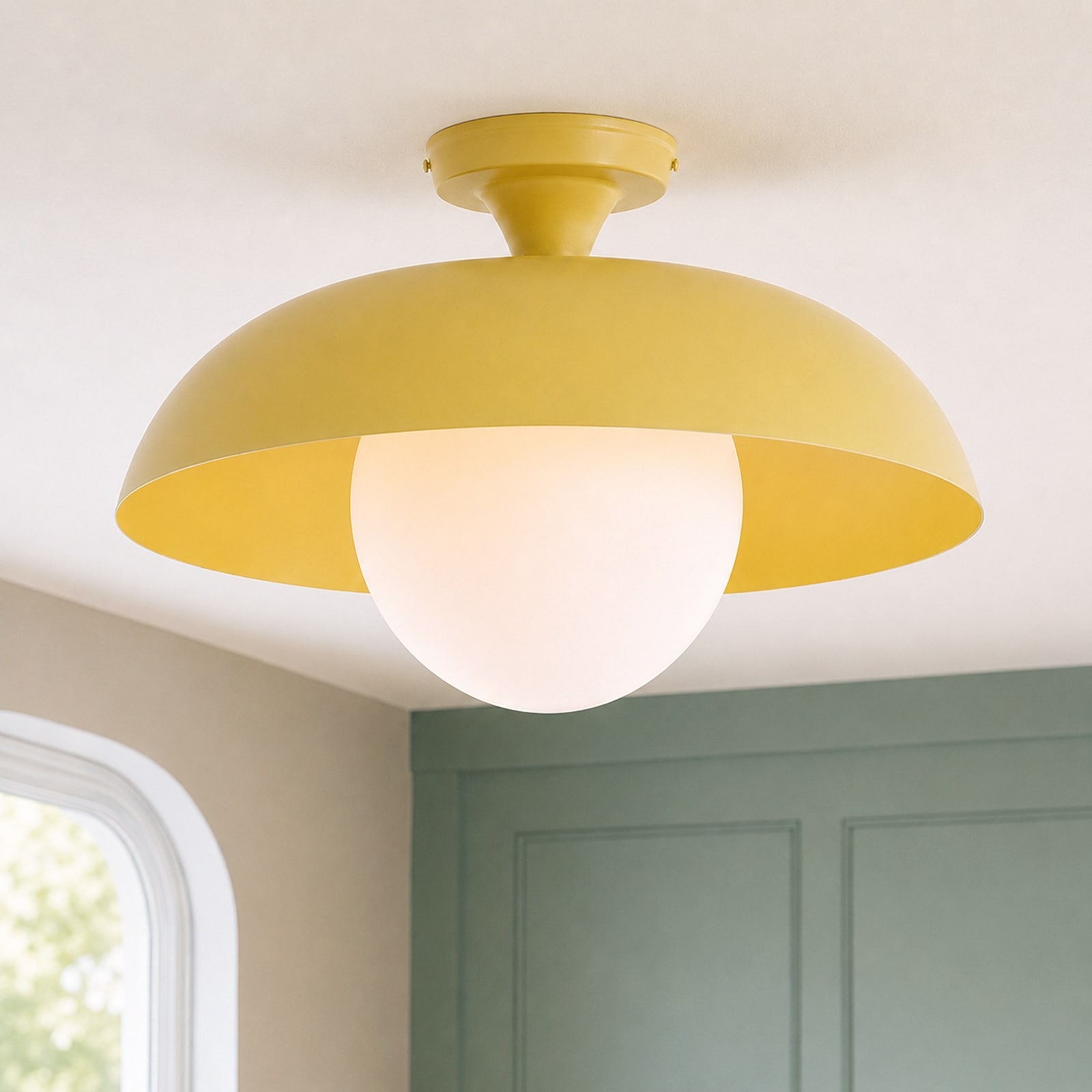 1-Light Modern Minimalist Earthy Yellow Round Dome Semi-Flush Mount Ceiling Light with Milk White Glass Globe Shade for Bedroom