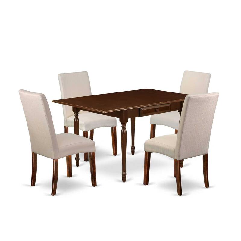 HomeStock 5-Pc Mahogany Finish Solid Wood Top - Upholstered Dining Room Set with Dropleaf - Seats 4