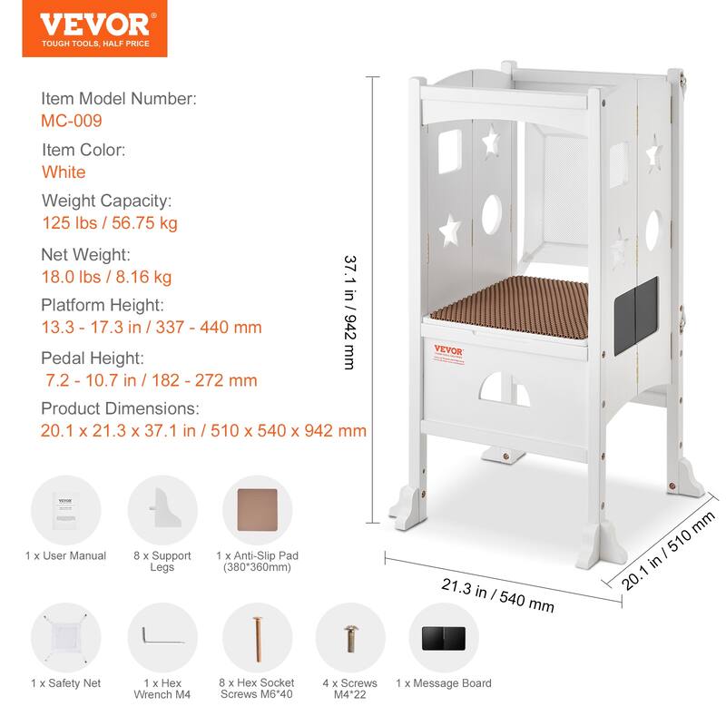 VEVOR Tower Step Stool, 3-Level Height Adjustable Toddler Step Stools for Kids, Stool with Safety Rail