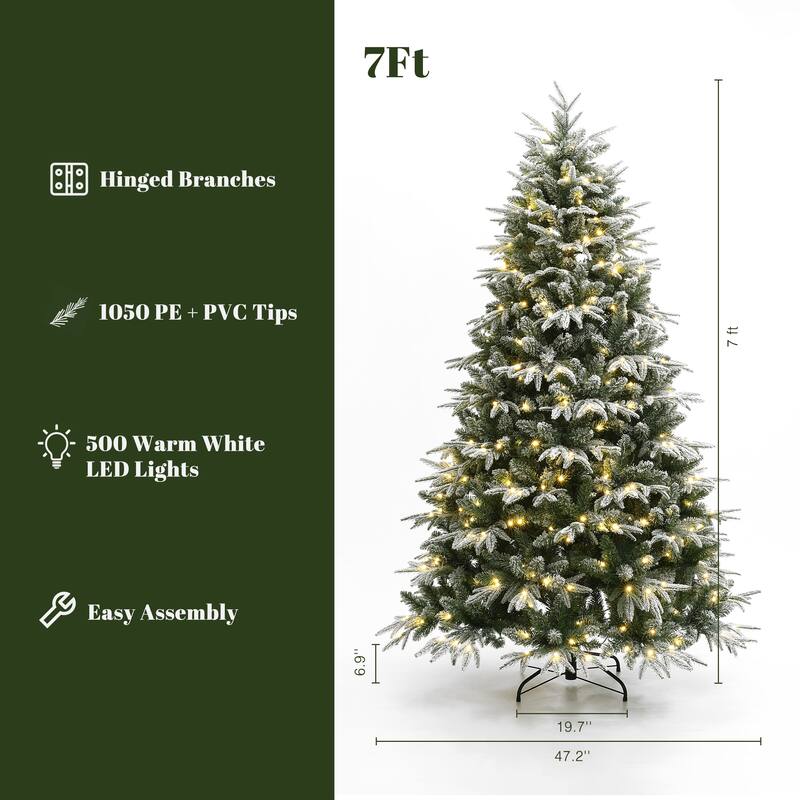 7Ft Pre-Lit Hinged Snow Flocked Fraser Fir Full Artificial Christmas Tree - 84" H x 47.2" Diameter