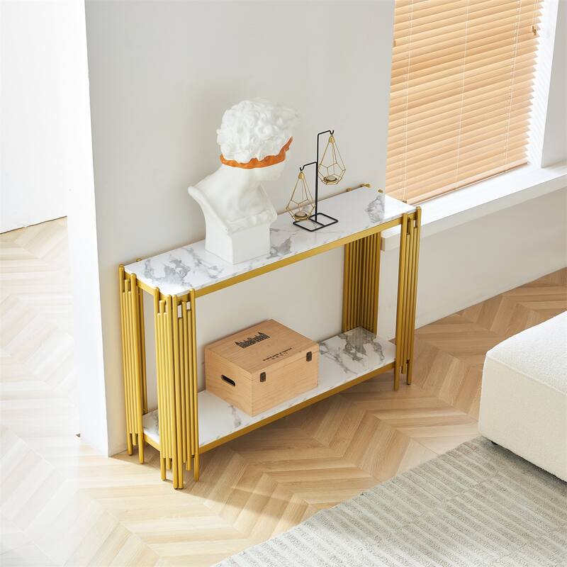 2 Tier Faux Marbling Console Table, Entryway Table w/ Adjustable Feet