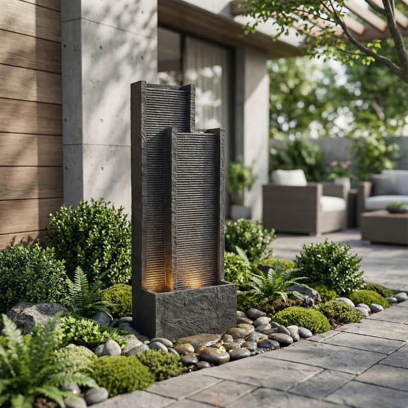 Vbal Modern Waterfall Outdoor Water Fountain with LED Lights for Garden or Patio