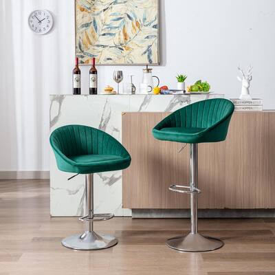 2 Pc Velvet Adjustable Bar Stools Ergonomic Dining Chair with Footrest