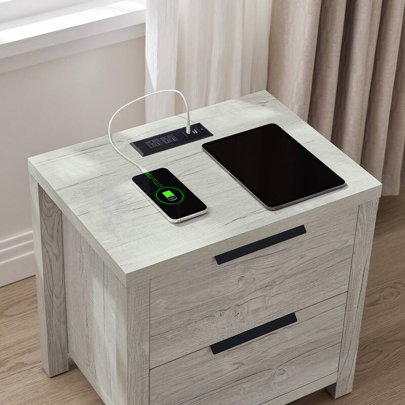 Spruce & Spring Scout Farmhouse Solid Wood Nightstand with 2 Drawers and Type-C, USB & 2 Power Outlets