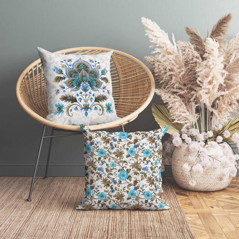 Paisley Petal Melody Indoor/Outdoor Reversible Throw Pillow Blue and Copper