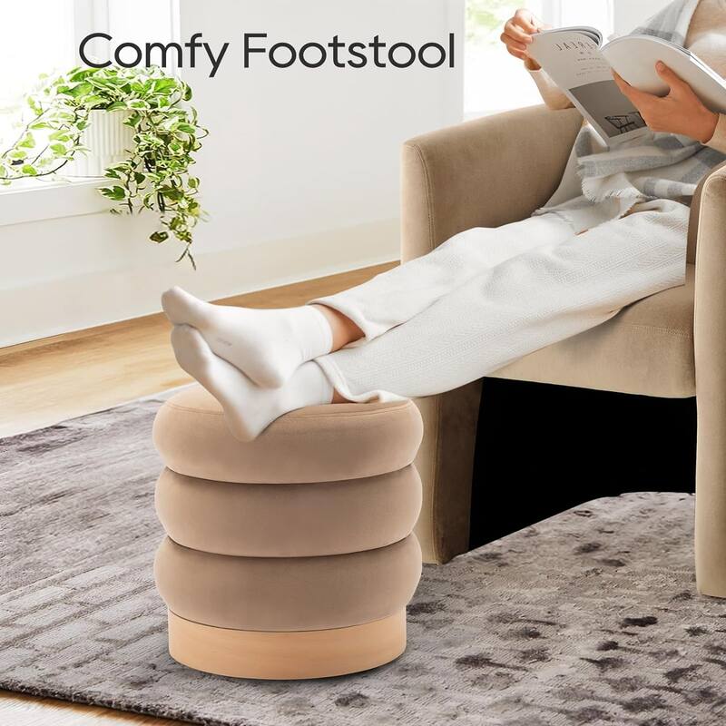 Modern Velvet Tufted Ottoman Footstool with Wood Base