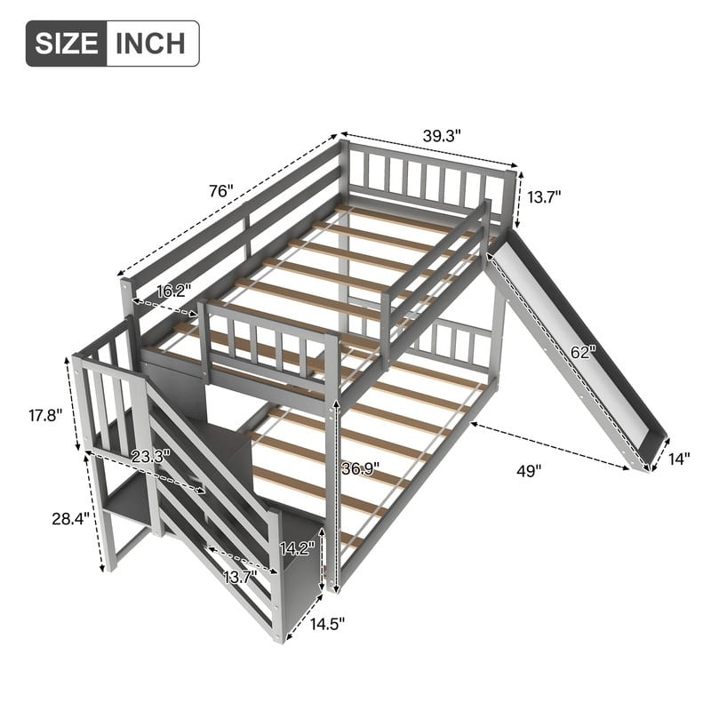 Twin Over Twin Floor Bunk Bed with Slide, Stairway with Storage