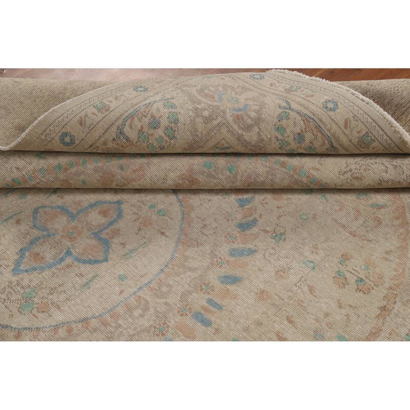 Floral Tabriz Persian Area Rug Beige Handmade Wool Carpet - 7'9"x 11'1"