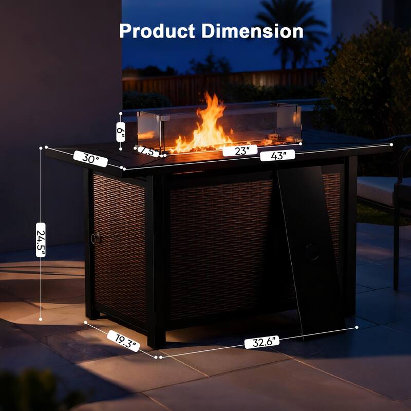 Meyreso 43 in. Rectangular Brown Metal Propane Outdoor Fire Pit Table with Glass Wind Guard Lid, Lava Rocks, 50000 BTU