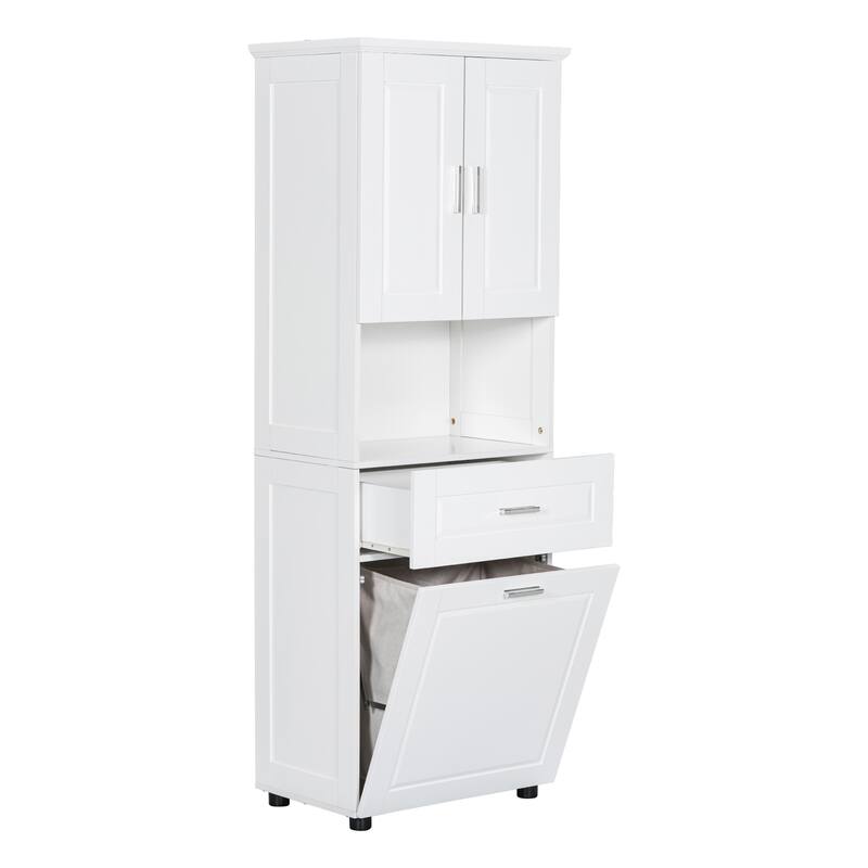 Tall Bathroom Cabinet with Tilt-Out Laundry Basket and Upper Storage Cabinet