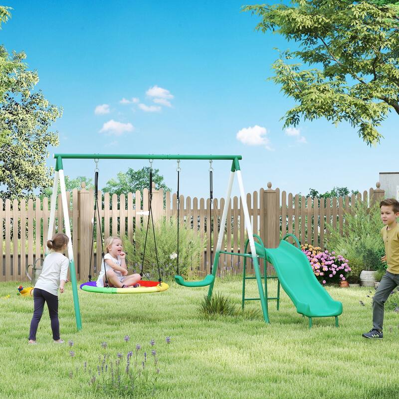 3-in-1 Kids Swing Set Saucer Slide Seat With Waterproof Material - 111.8" L x 91.3" W x 72.8" H
