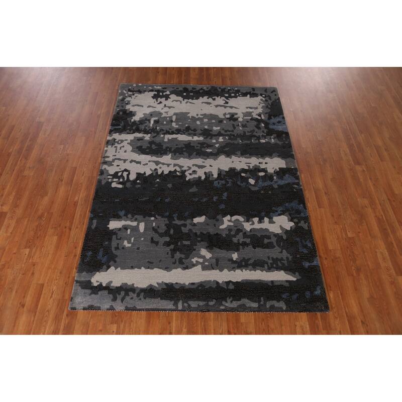 Abstract Modern Indian Area Rug Grey Handmade Wool Carpet - 5'3" x 7'7"