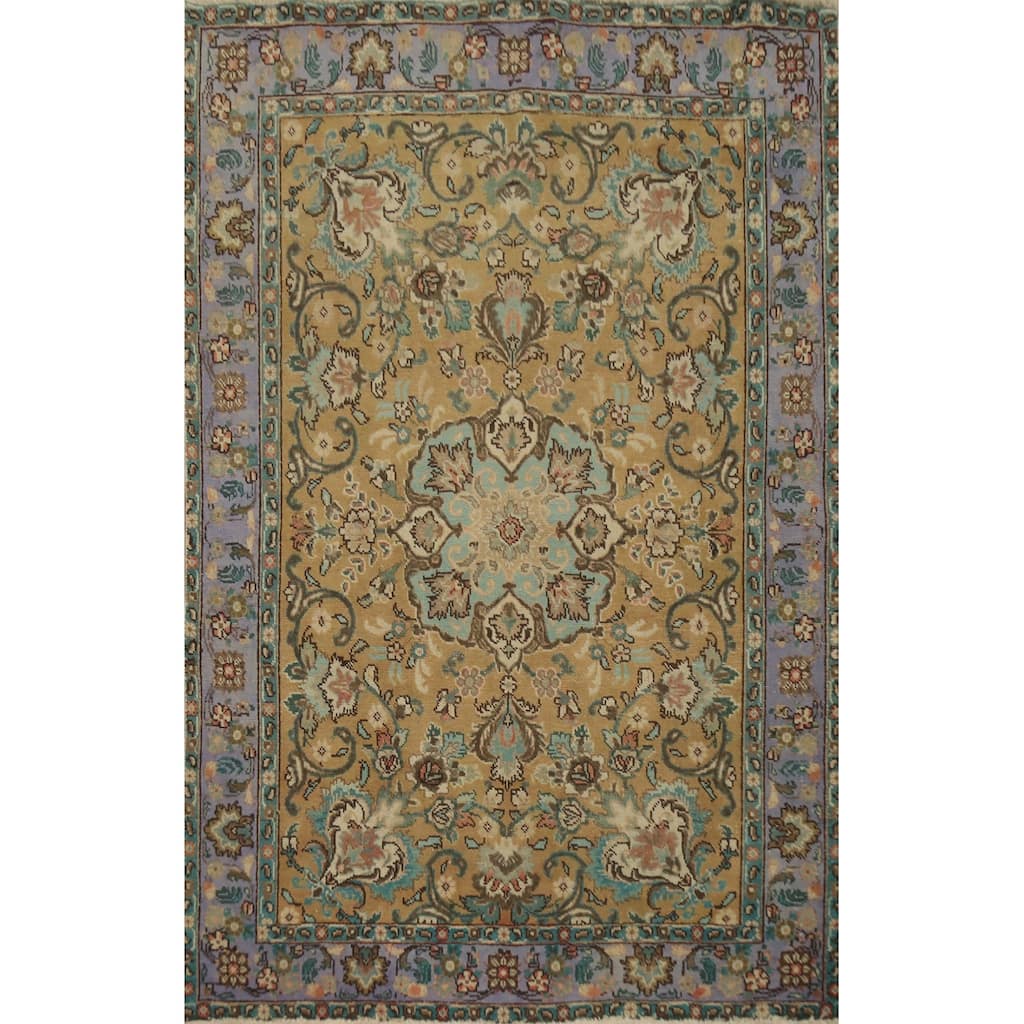Hand Knotted Oriental 100% Wool Carpet Traditional Floral Brown Tabriz Area Rug - 5' 8'' X 4' 3''