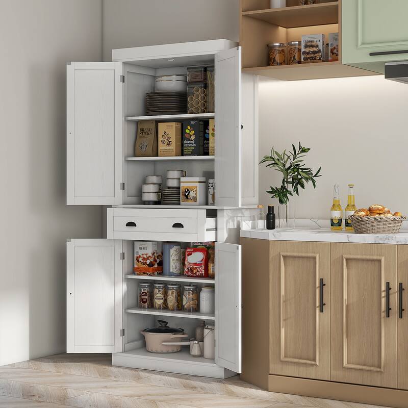 72.5" Kitchen Pantry Cabinet, Traditional Freestanding Storage Cabinet with 4 Doors, Drawer and 3 Adjustable Shelves