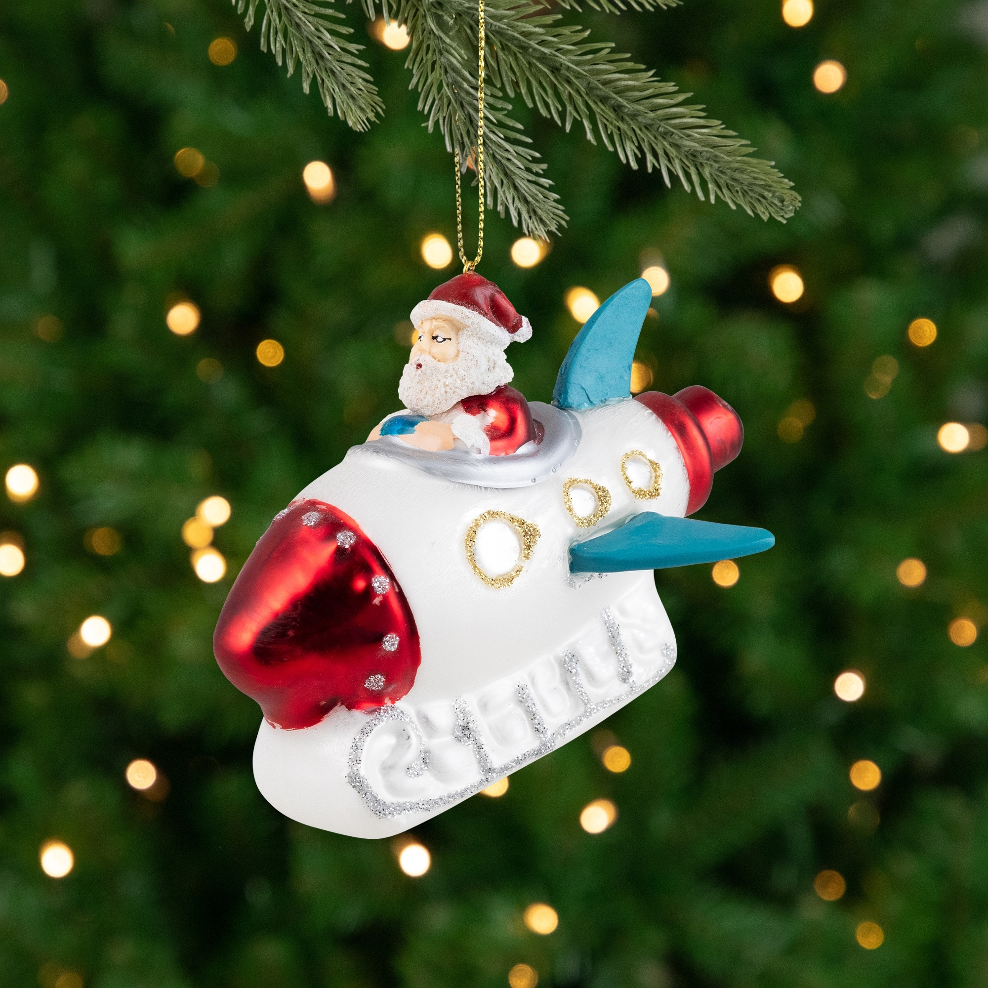 Santa in a Rocket Ship Glass Christmas Ornament - 4.25" - Silver