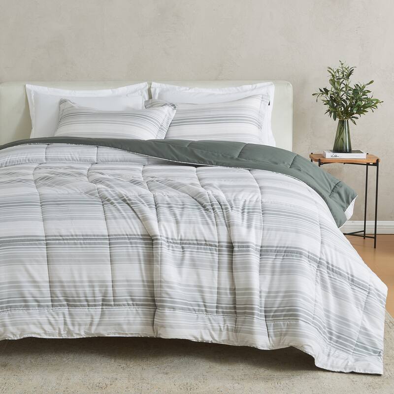 Linery & Co. All Season Down Alternative Reversible Comforter Set - Grey Gradient Stripe Print/Dark Grey Solid - Twin XL