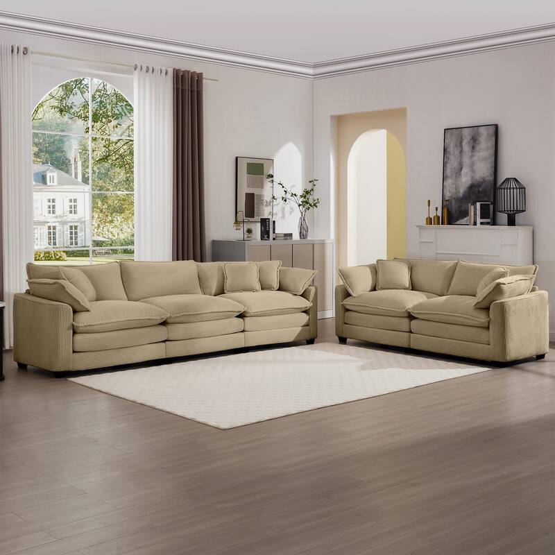Corduroy Fabric Deep Seat Sofas Set with Throw Pillows, 3+2 Seater Flexible Combinations Sofa with Removable Armrests