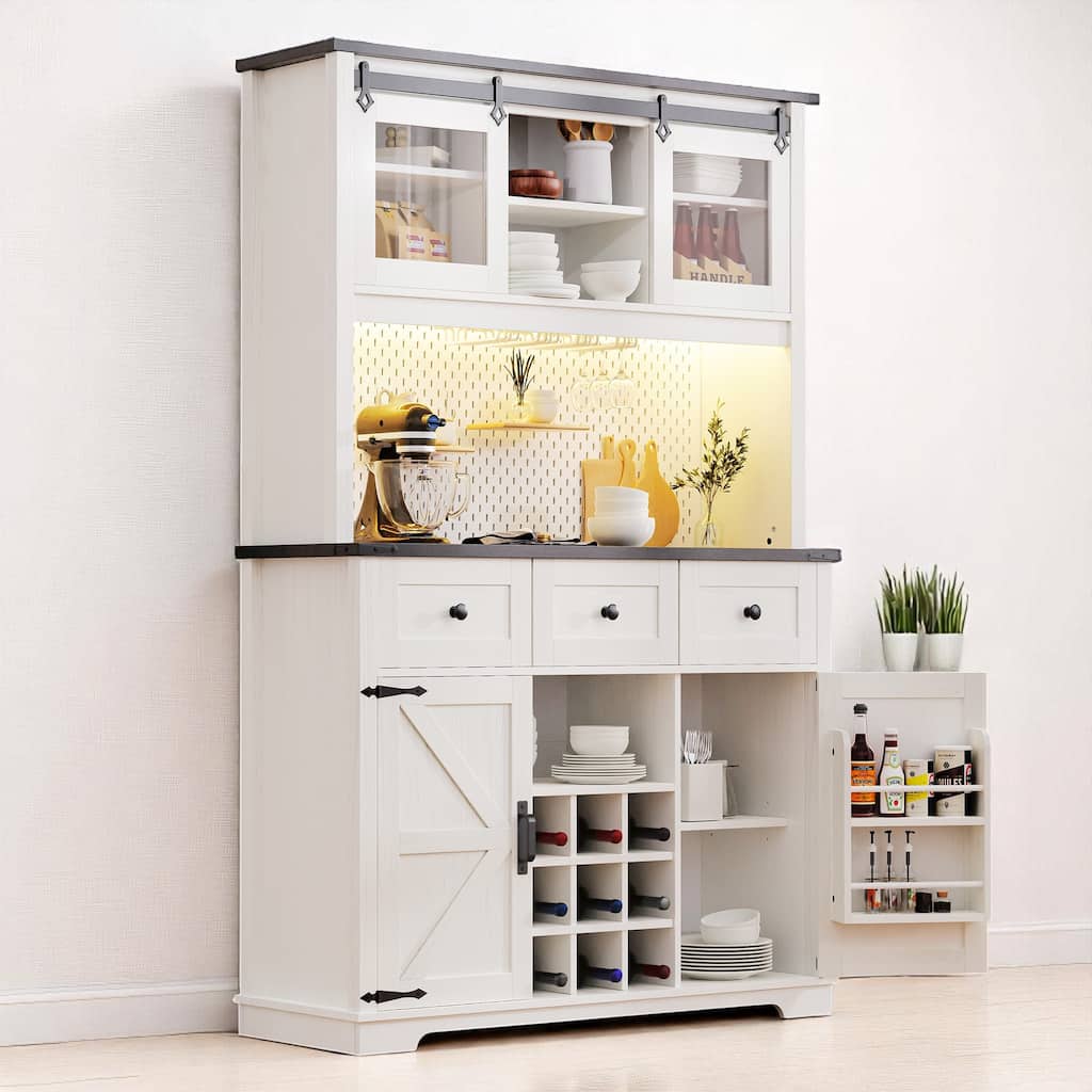 71" Rustic Kitchen Hutch Cabinet with LED, Wine Rack, Glass Holder, 3 Drawers, USB Ports, and Pegboard Storage