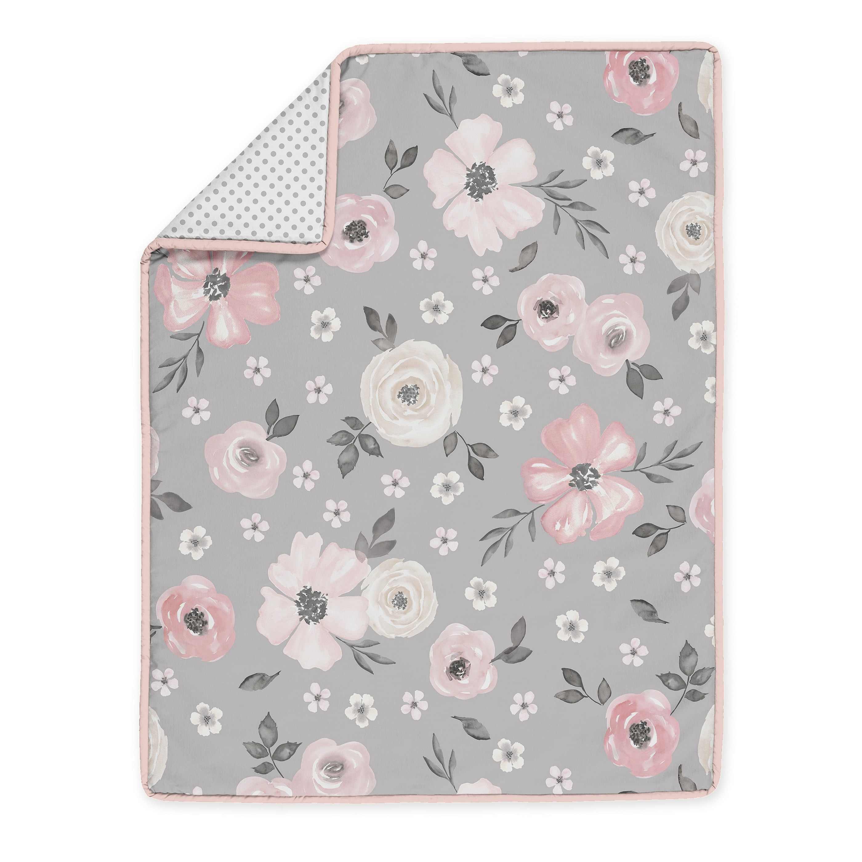 Grey Watercolor Floral Girl 4pc Nursery Crib Bedding Set Blush