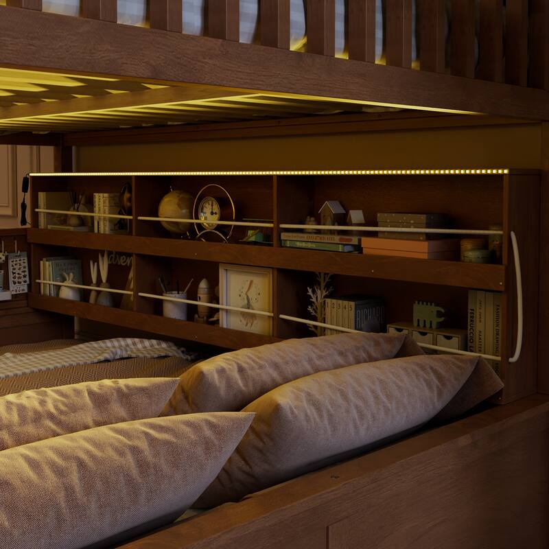 Kids Bunk Bed Frame with Integrated Shelving, Light Strip and Pegboard, Convertible into Floor Platform Bed and Low Loft Bed