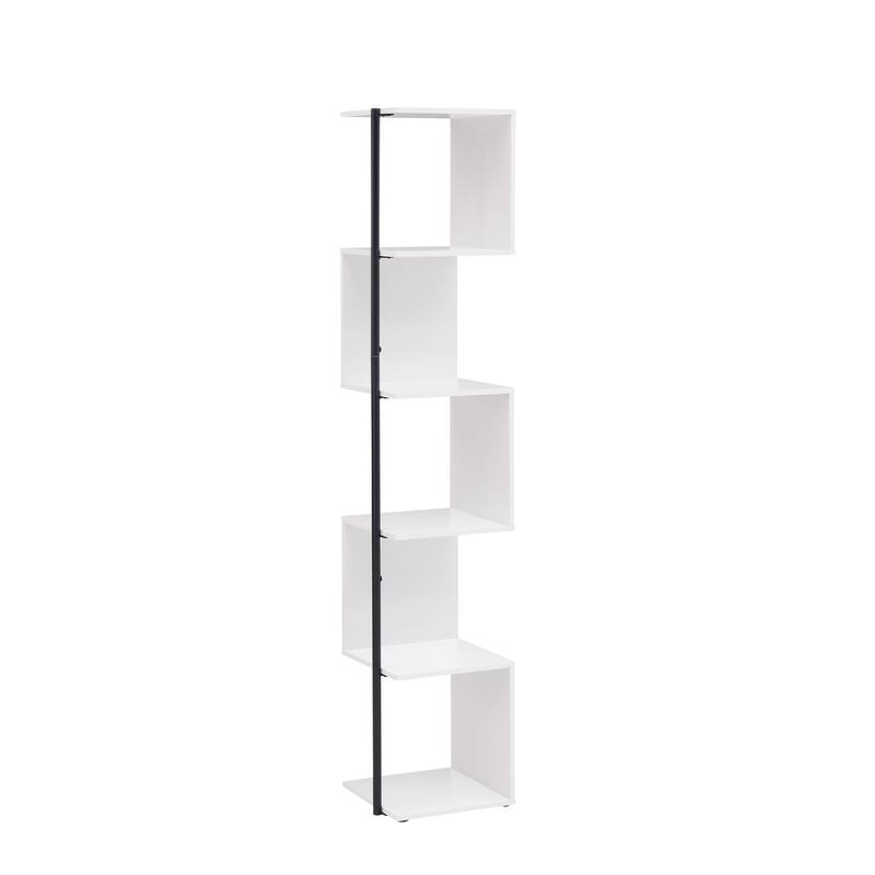 Furniture of America Linnea Modern 5 Tier Accent Corner Bookcase, Freestanding Display Bookshelf with Metal Post - White