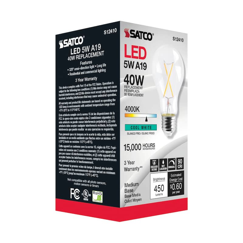 5 Watt LED A19 Clear Medium Base 4000K 90 CRI 120 Volt - N/A
