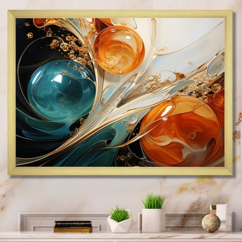 Designart "White Blue And Orange Ink Storm III" Abstract Painting Blue Wall Decor Modern Bedroom Framed Canvas Wall Art - 44 in. wide x 34 in. high - Gold