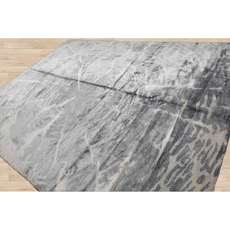 Hand Knotted Designer Tone On Tone, Gray Tibetan Bamboo Silk Area Rug - 9' 2'' x 12' 2''