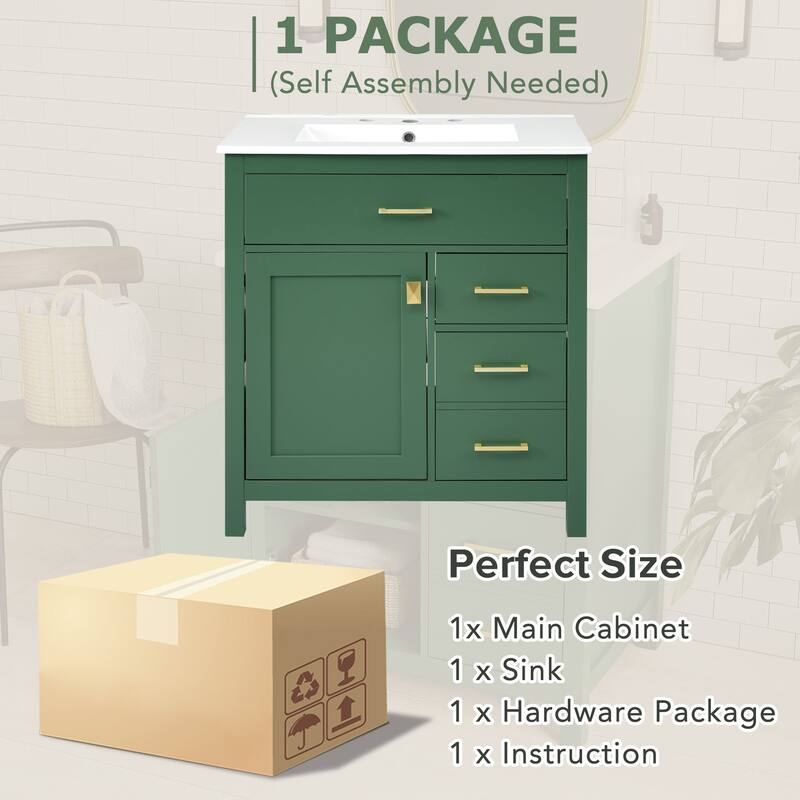 Modern 30-Inch Bathroom Vanity with Undermount Ceramic Sink, Solid Wood Frame, Adjustable Shelf & Storage Drawers