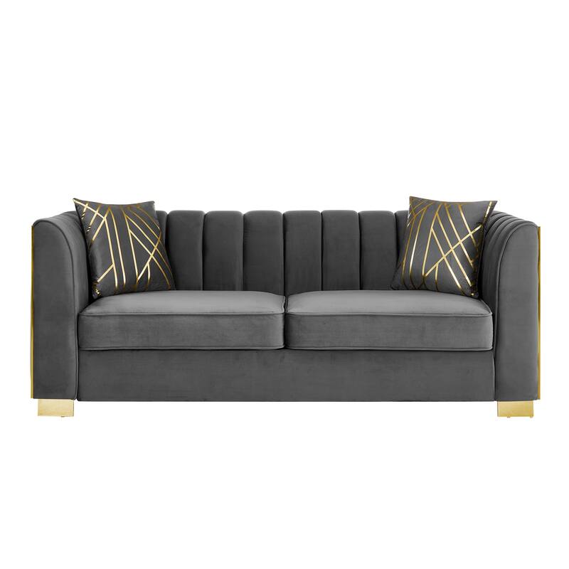 Velvet Chesterfield 3 Seater Sofa, Button Tufted Upholstered Sofa, Lounge Sofa with Stainless Steel Accents & Metal Legs