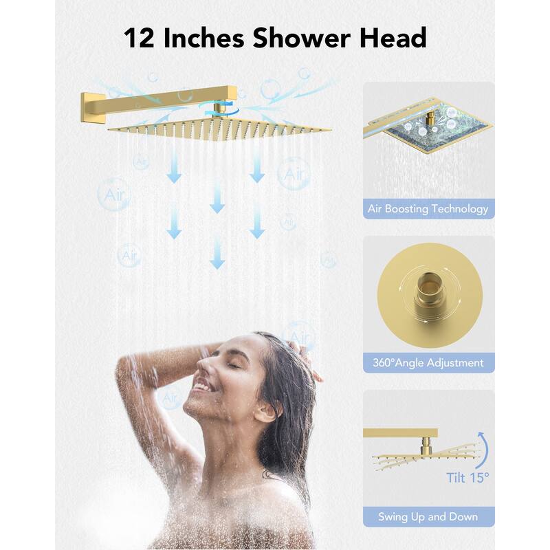 Thermostatic Shower System 12" High-Pressure Rainfall Shower Head with Slide Bar Hand Shower