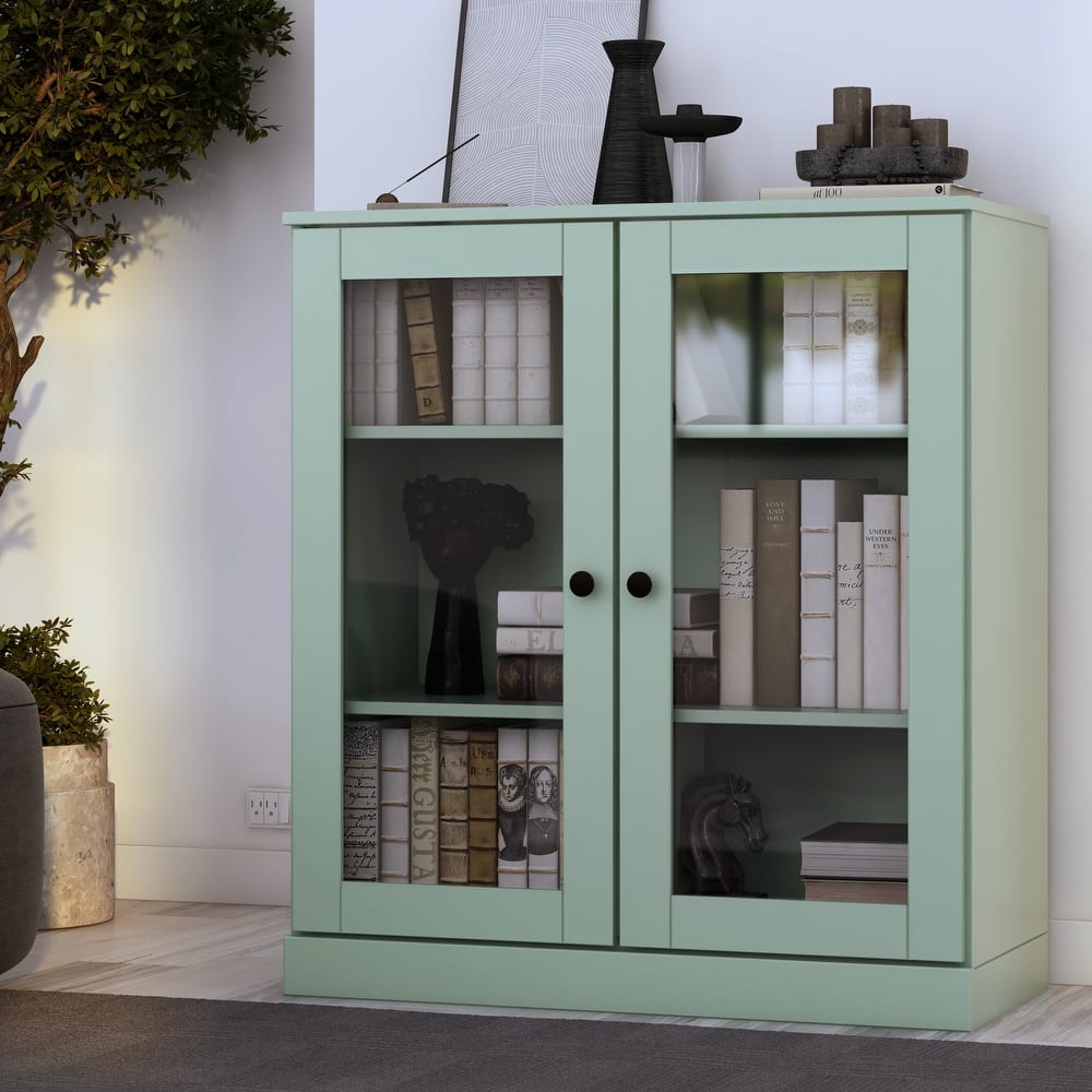 100% Solid Wood Short Bookcase with Glass Doors, Adjustable Shelves, Modular Storage Bookshelf, 32" W x 35.75" H