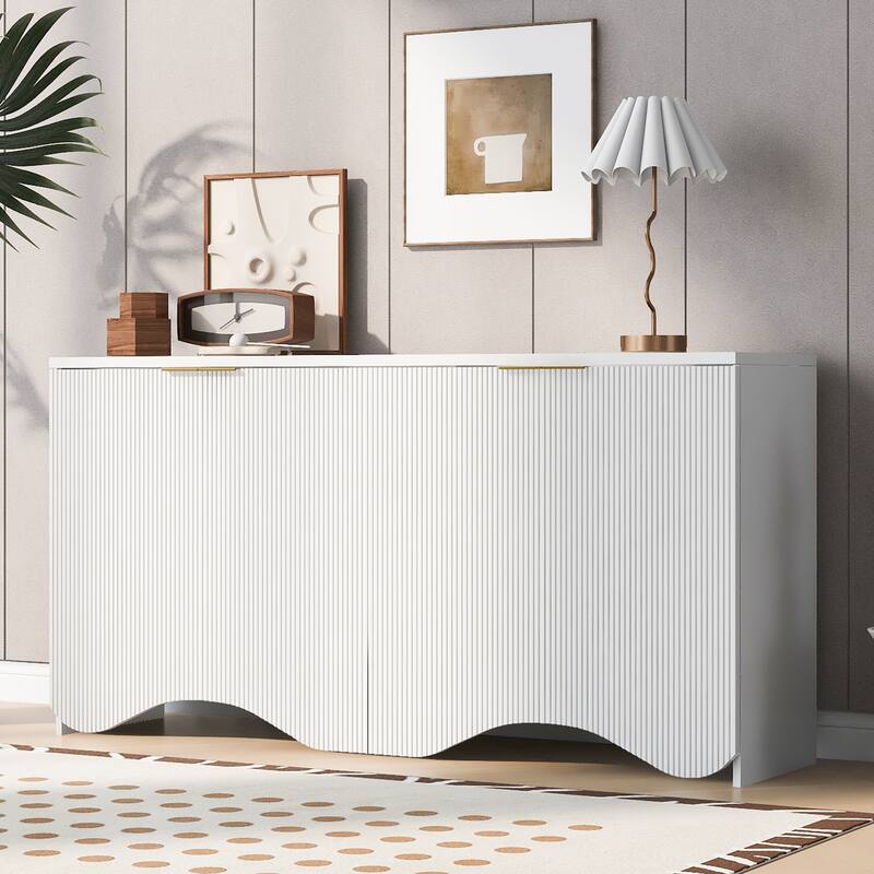63-Inch Four-Door Storage Cabinet with Vertical Stripes and Wavy Design, Adjustable Shelves, MDF Construction, for Living Room - White