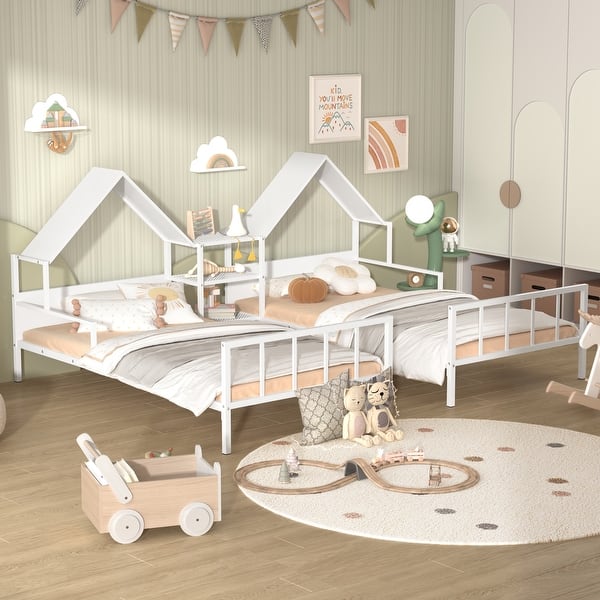 slide 2 of 7, Double Twin Size Platform Bed with House-shaped Headboard, Metal Bed with a Built-in Nightstand, Space-saving Bed, White White